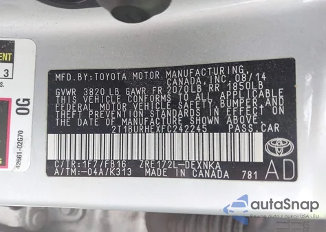2015 Toyota Corolla Le from USA, damaged, VIN 2T1BURHEXFC242245
